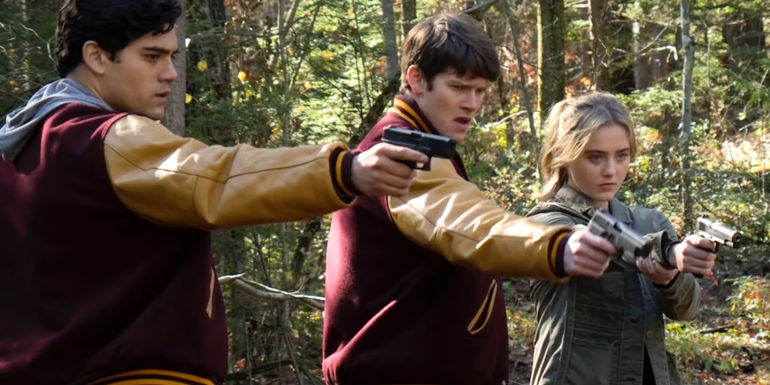 The Society's Jason, Luke, And Allie With Guns Pointed at Dewey
