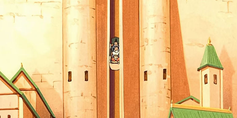 Aang, Sokka, and Katara ride the mail carriage in Omashu in Avatar: The Last Airbender.