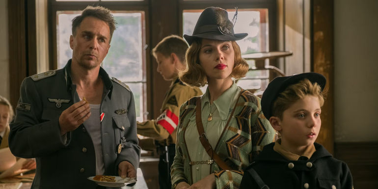 Sam Rockwell, Scarlett Johansson and Roman Griffin Davis in Jojo Rabbit