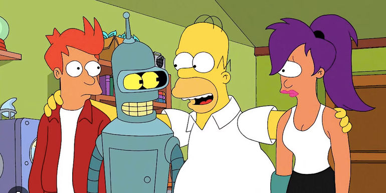 Fry Bender and Leela in standing together in Bart's bedroom as Homer smiles in Simpsorama The Simpsons Futurama crossover
