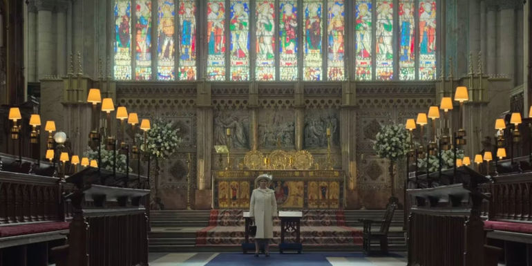 Imelda Staunton as Queen Elizabeth in St. George's Chapel in The Crown finale