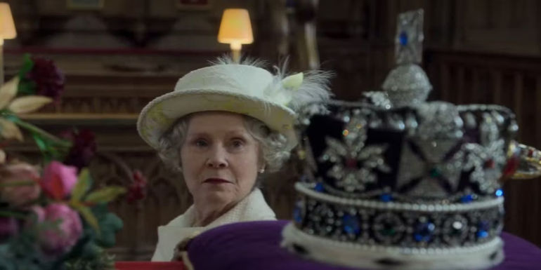 Imelda Staunton as Queen Elizabeth looks at the crown on her coffin in The Crown finale