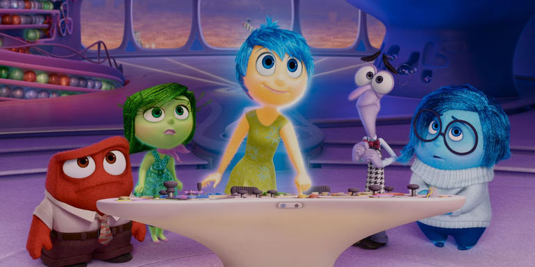 Anger (Lewis Black), Disgust (Mindy Kaling), Joy (Amy Poehler), Fear (Bill Hader), and Sadness (Phyllis Smith) behind the control panel in Riley's (Kaitlyn Dias) mind in Inside Out