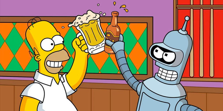 Homer and Bender clinking beers in The Simpsons season 26, episode 6,