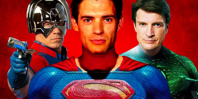 David Corenswet as Superman with Nathan Fillion as Green Lantern and John Cena as Peacemaker with red background