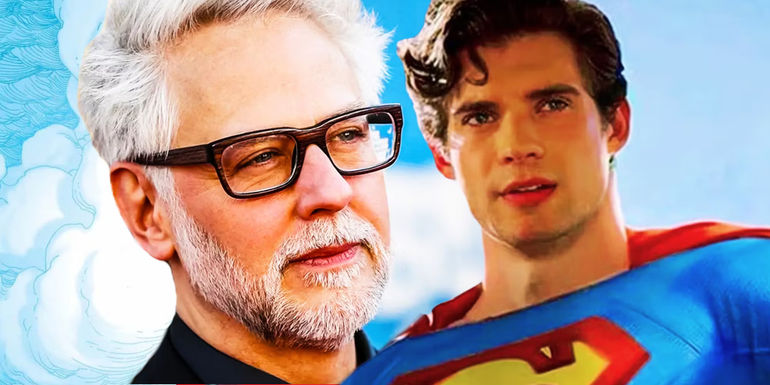 Custom image of DCU creative chief James Gunn and a montage of David Corenswet in a Superman costume
