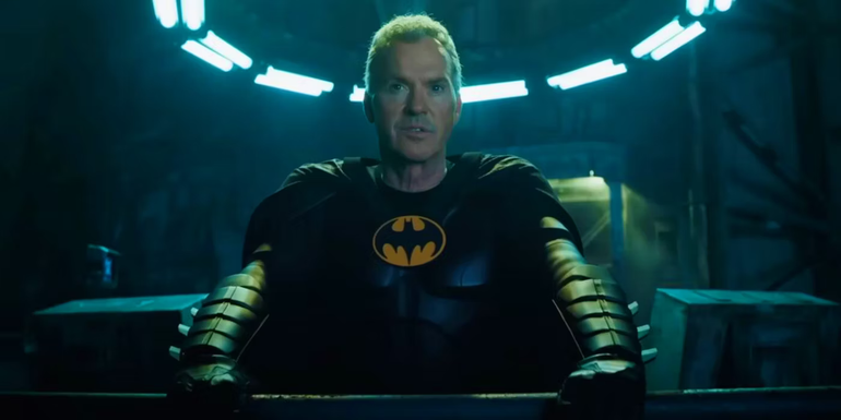 Michael Keaton in his Batman suit without the cowl in The Flash