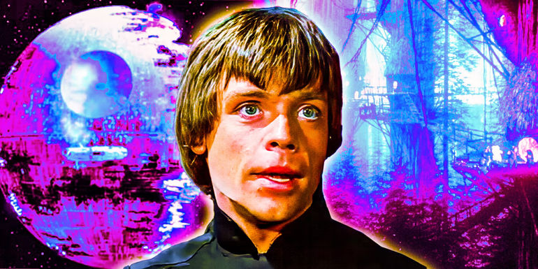 Luke Skywalker in front of the second Death Star and the Ewok village on Endor.