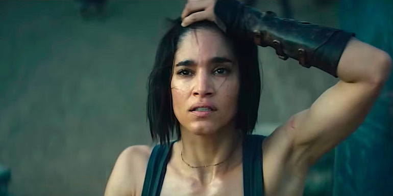 Kora (Sofia Boutella) looking distressed in Zack Snyder's Rebel Moon