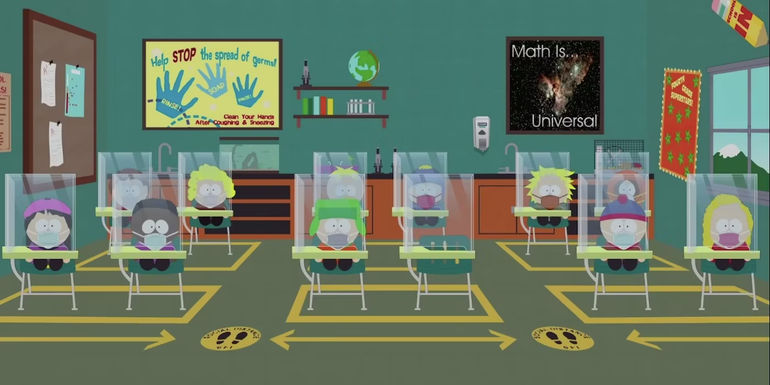 The South Park boys socially distance in the classroom during the Pandemic Special Trailer