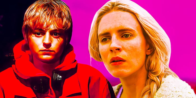 Emma Corrin in A Murder At The End Of The World collage with Brit Marling in The OA