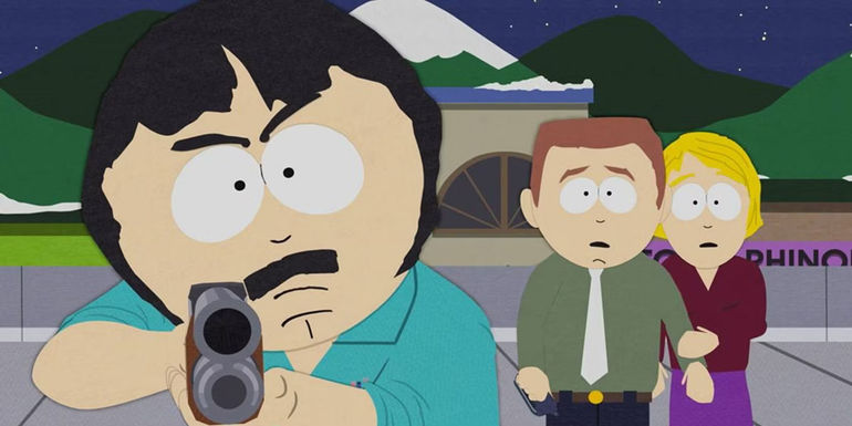 Randy with a shotgun in front of Butters' parents in South Park