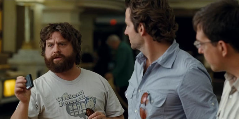 Zach Galifianakis, Bradley Cooper, and Ed Helms as Alan, Phil, and Stu in The Hangover