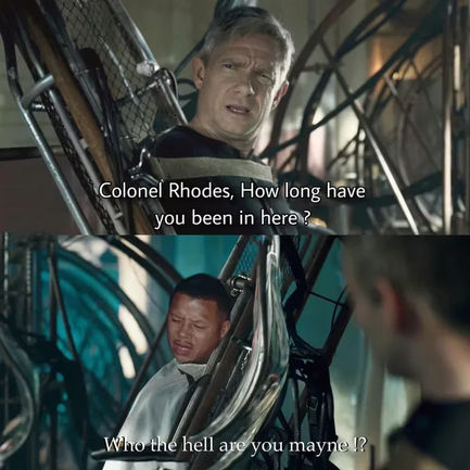 Secret Invasion meme where a confused Everett Ross finds Terrence Howard's Rhodey in Don Cheadle's place