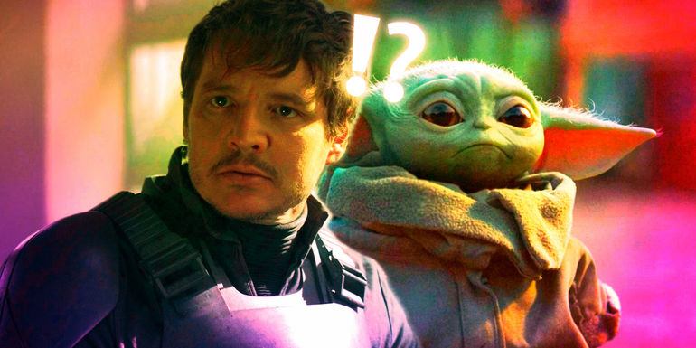 Pedro Pascal as Din Djarin on Morak and Grogu on Sorgan both looking surprised in The Mandalorian season 1 and season 2