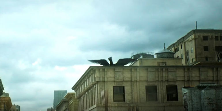A Pegasus spreading its wings on a roof in Percy Jackson episode 1