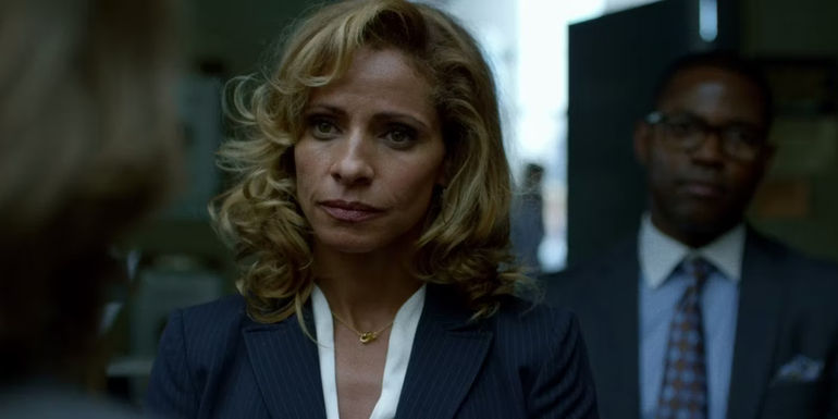 Samantha Reyes (Michelle Hurd) and Blake Tower (Stephen Rider) argue with Foggy Nelson (Elden Hanson) over Elliot Grote's legal representation in Marvel Netflix Daredevil season 2