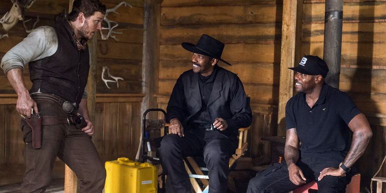 The Magnificent Seven Chris Pratt, Denzel Washington, and director Antoine Fuqua