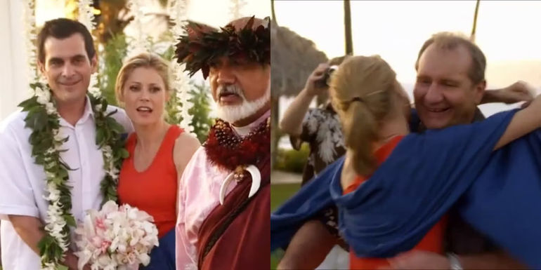 Split image of Phil and Claire and Claire hugging Jay at their wedding