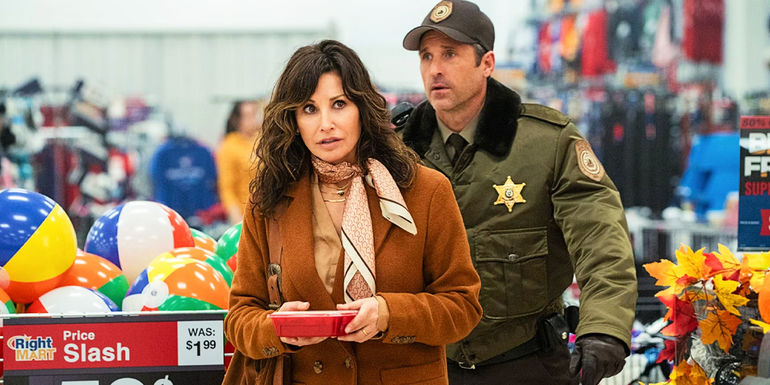 Gina Gershon (Amanda) and Patrick Dempsey (Newlon) walk through a store in Thanksgiving