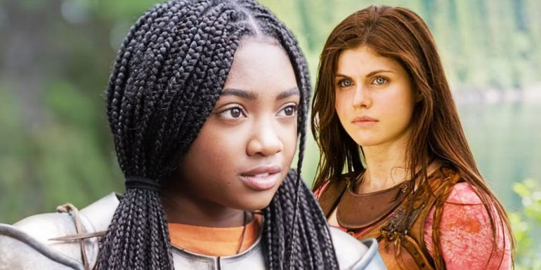 Leah Jeffries as Annabeth juxtaposed with Alexanrda Daddario as Annabeth in Percy Jackson and the Olympians