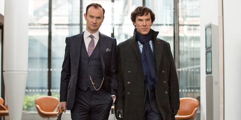 Mark Gatiss and Benedict Cumberbatch in suits in Sherlock Season 4