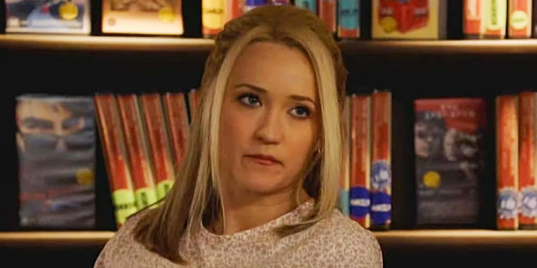 Mandy in Young Sheldon in front of books