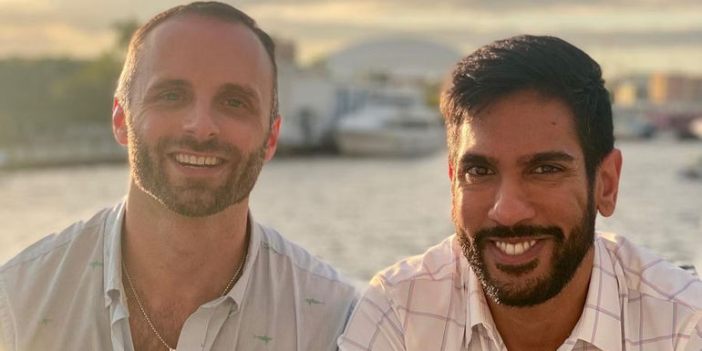 Family Karma's Amrit and Nicholas pose for a picture after their engagement.