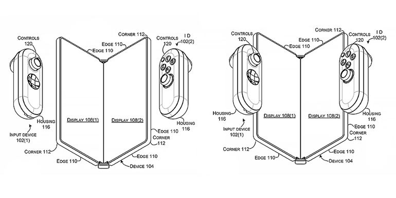 Microsoft adaptable input devices Nintendo Switch Joy-Con-like patent 2 - foldable phone drawing