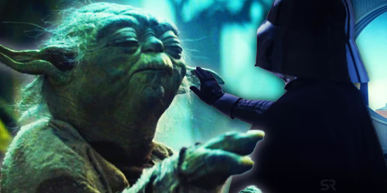 Yoda and Darth Vader using the Force in Star Wars.