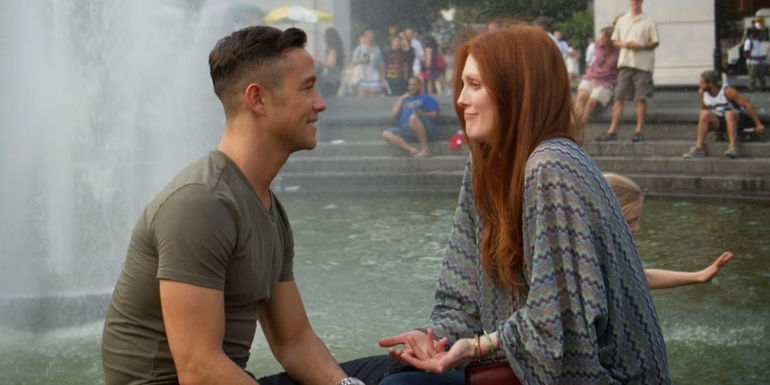 Don Jon and Esther sitting by a fountain talking