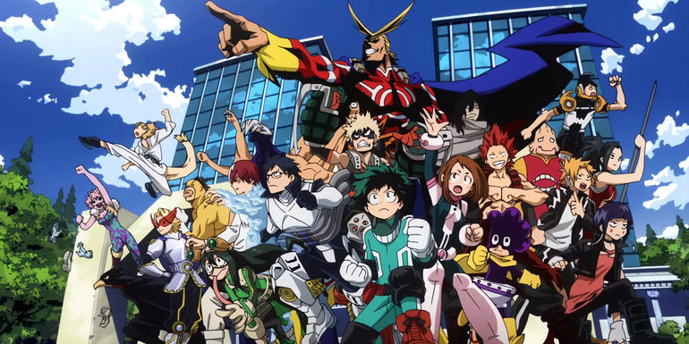 My Hero Academia's Class 1-A and All Might posing in front of U.A. High