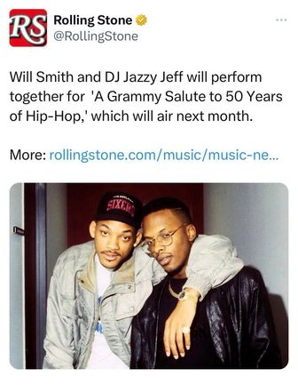 Will Smith and DJ Jazzy Jeff in a throwback pose for Rolling Stone's tweet on their Grammy Salute to Hip-Hop performance.