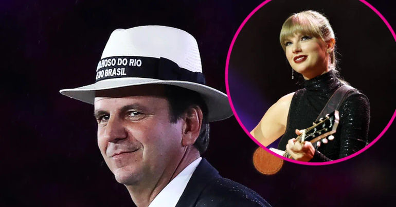 Mayor of Rio de Janeiro Eduardo Paes Contemplates Projection of Taylor Swift Shirt on Jesus Christ Statue