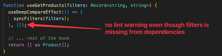 No missing dependency warning with useDeepCompareEffect