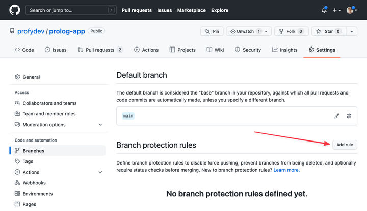 GitHub add branch protection rule