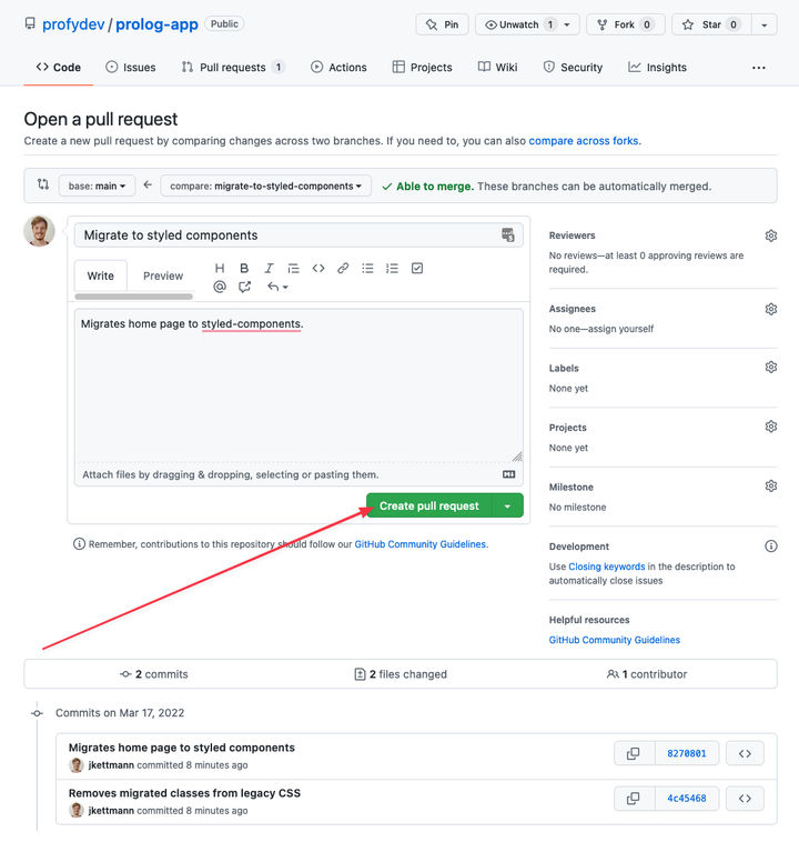 Create Pull Request form on GitHub