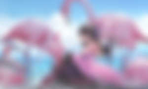 Pink,Ballerina,Flamingo,Anime girls,Dress,Pantyhose,No bra,Black hair,Blue eyes,Beach,Nekojira,Legs,Birds,Sky,Clouds,Dark hair,Pink dress,Looking at viewer,Sitting,Pixiv,HD Wallpaper