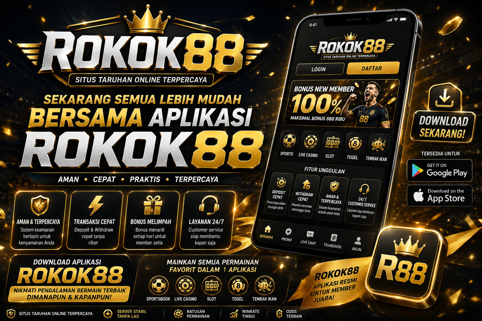 Layar utama aplikasi rokok88 menampilkan opsi live dealer dan fixture Liga 1