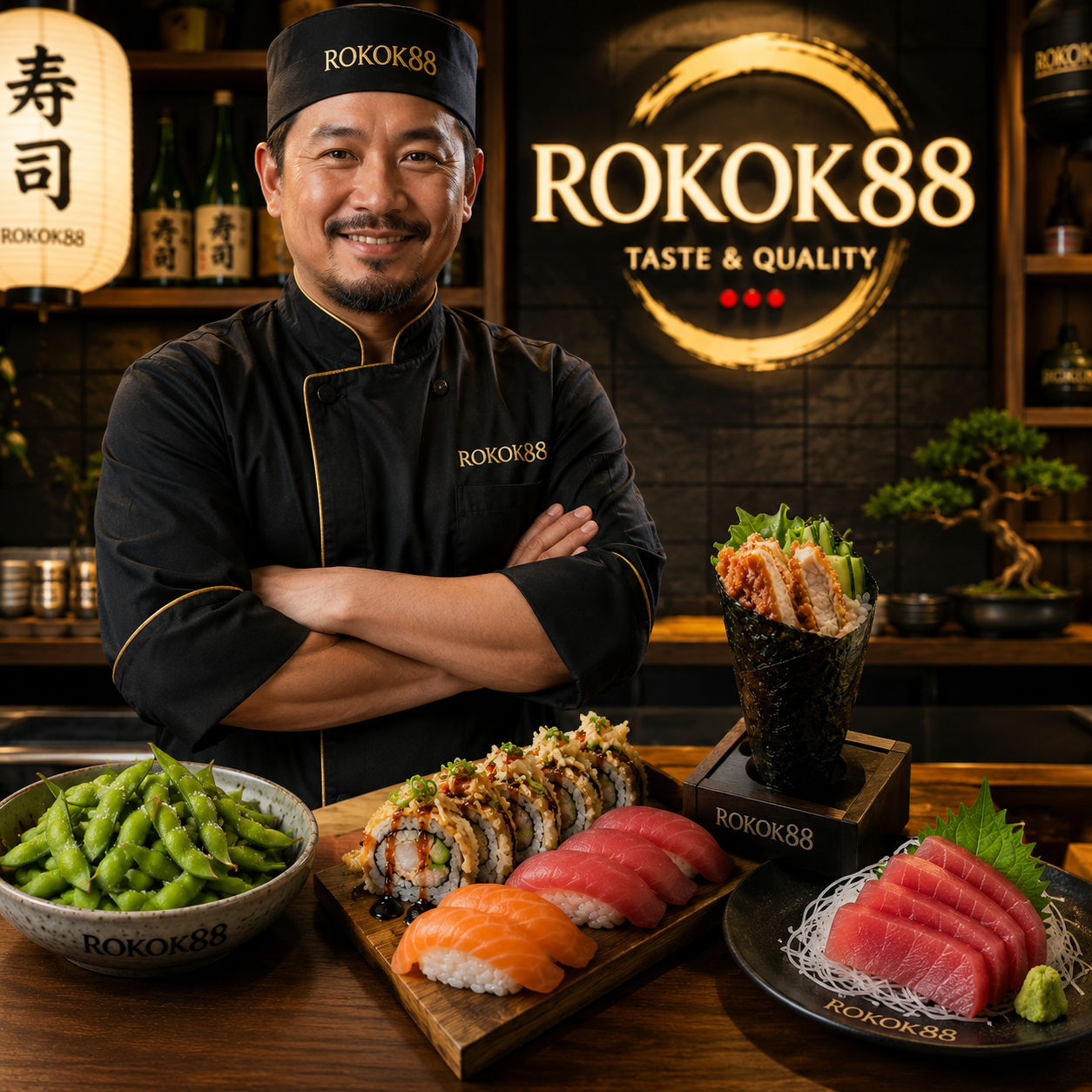 Chef menyiapkan sushi segar di dapur ROKOK88
