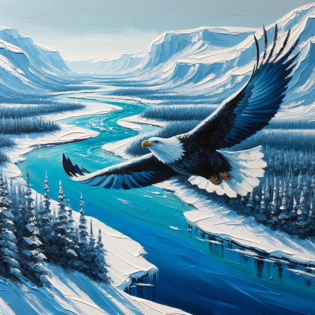 An aerial view of an eagle flying over a river created with The Glibatree Art Designer