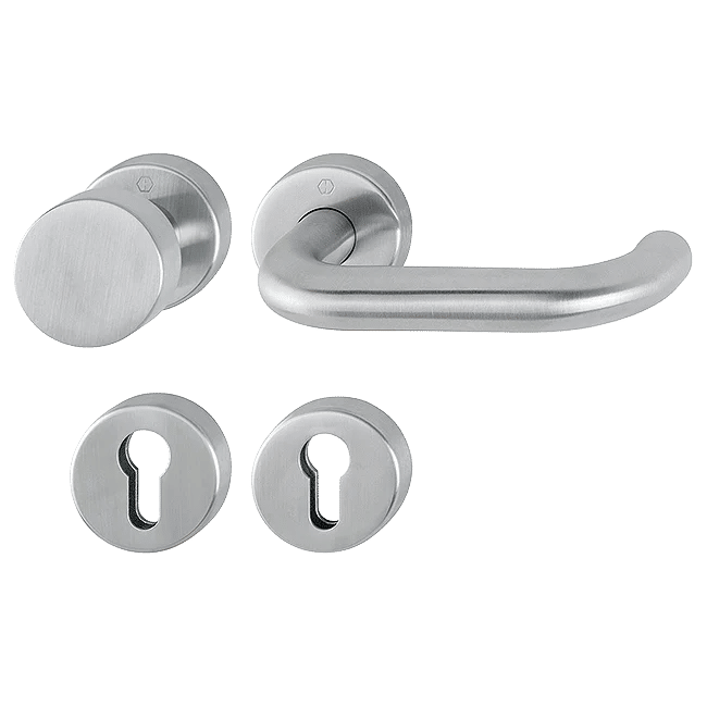 Paris FS - Komplet gałko-klamka ppoż, Sertos, okrągły szyld, stal nierdzewna F69