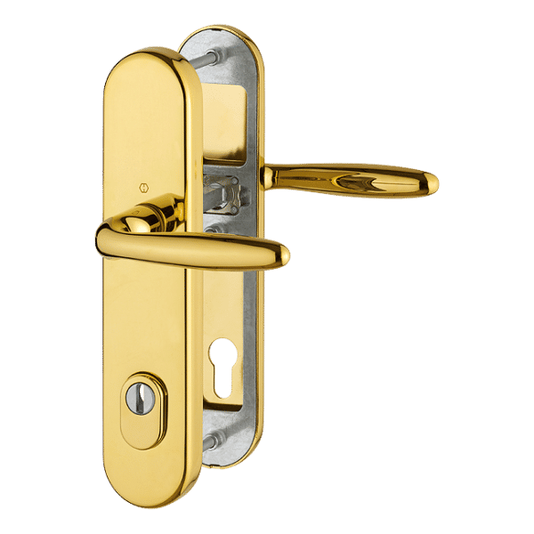 Komplet klamek Verona z mosiądzu, z ochroną wkładki, kolor złoty błyszczący F77 Resista 