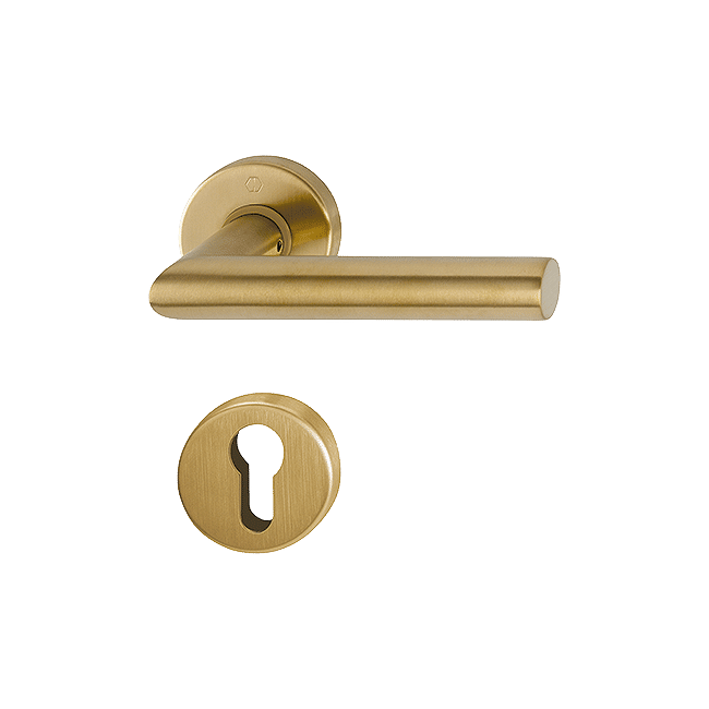 Amsterdam - Klamki drzwiowe na szyldzie okrągłym, kolor jasny mosiądz satynowy F78-1 Resista