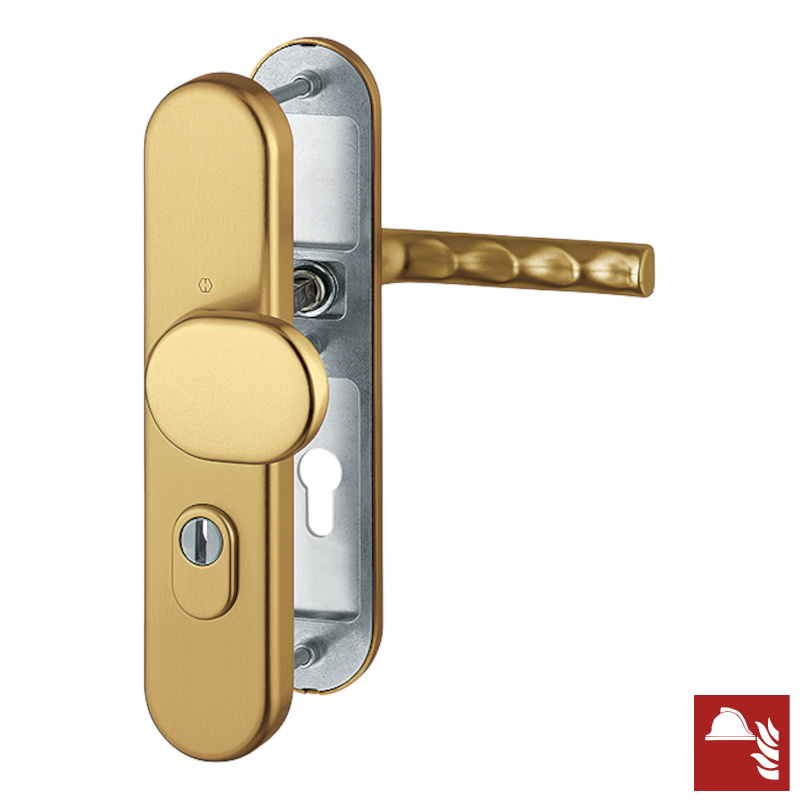 Komplet pochwyt-klamka Hamburg do drzwi ppoż z ochroną wkładki, kolor starego złota F4