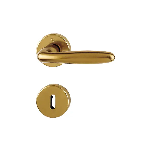 Verona - Komplet klamek drzwiowych na szyldzie okrągłym z aluminium, kolor starego złota F4