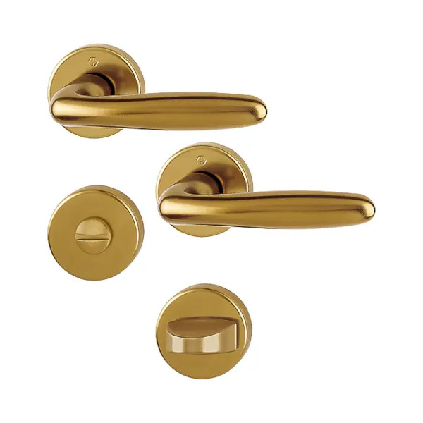 Verona - Komplet klamek drzwiowych na szyldzie okrągłym z aluminium, wersja WC, kolor starego złota F4