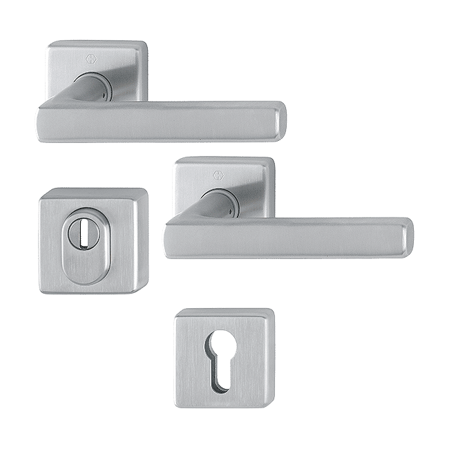 Dallas - Klamki do drzwi zewnętrznych na kwadratowym szyldzie, stal nierdzewna F69