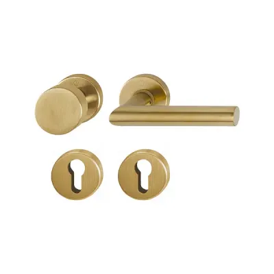 Amsterdam - Gałko-klamka na okraglym szyldzie, kolor jasny mosiądz satynowy F78-1 Resista