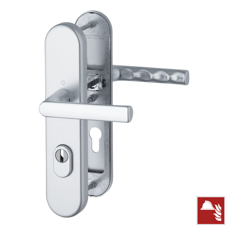 Komplet klamko-klamka Hamburg do drzwi ppoż z ochroną wkładki, kolor srebrny F1